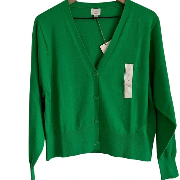 A New Day Women’s Medium Button Down Cardigan Sweater Bright Kelly Green V-Neck - Picture 3 of 13